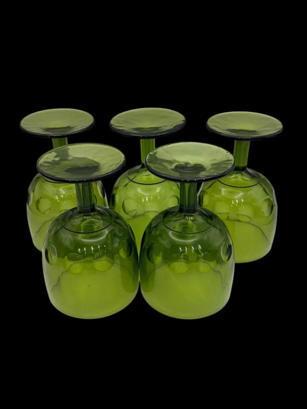 Vintage Bartlett Collin 1970s Avocado Green Thumbprint Goblets –Coin Dot Glasses